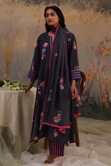 Roza Madelina Flower Print Linen Kurta & Pant Set 