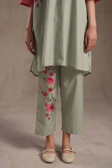 Shop_Roza_Pink Linen Round Neck, Yes Alyza Printed Kurta And Pant Set _Online_at_Aza_Fashions