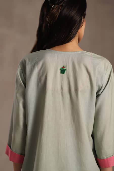 Roza_Pink Linen Round Neck, Yes Alyza Printed Kurta And Pant Set _at_Aza_Fashions