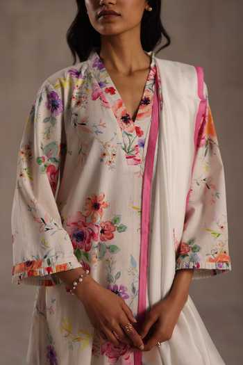 Buy_Roza_Ivory Linen V-neck Cordelia Printed Floral Kurta And Pant Set _Online_at_Aza_Fashions