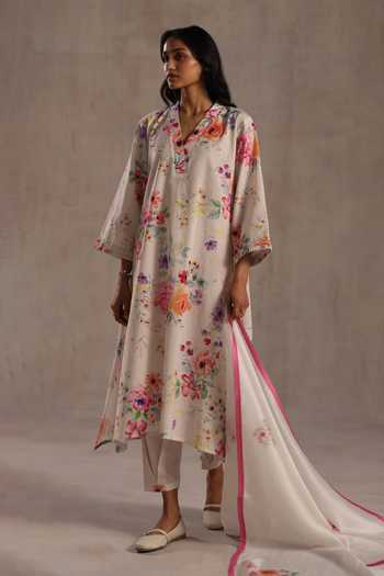 Shop_Roza_Ivory Linen V-neck Cordelia Printed Floral Kurta And Pant Set _Online_at_Aza_Fashions