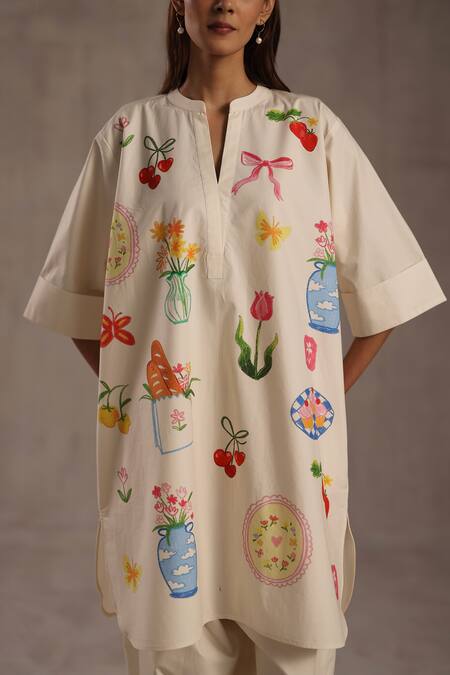 Shop Roza Ivory Linen Mandarin Collar, Yes Georgina Abstract Print Kurta And Pant Set Shop_Roza_Ivory Linen Mandarin Collar, Yes Georgina Abstract Print Kurta And Pant Set