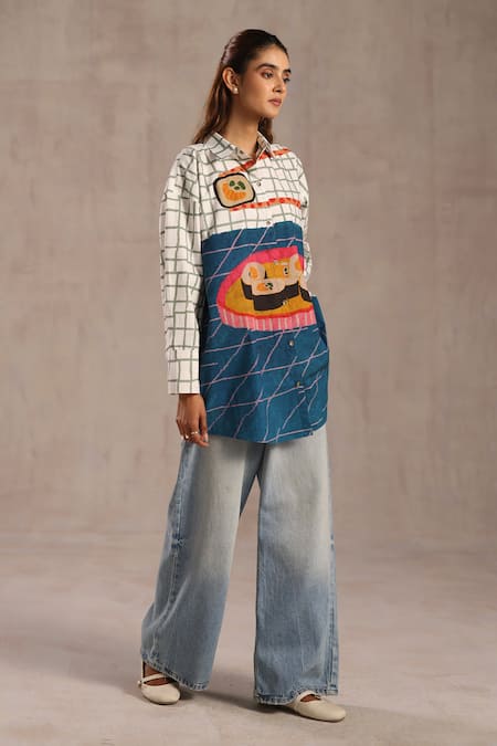 Roza_Blue Poplin Collared Tempura Print Shirt _Online_at_Aza_Fashions