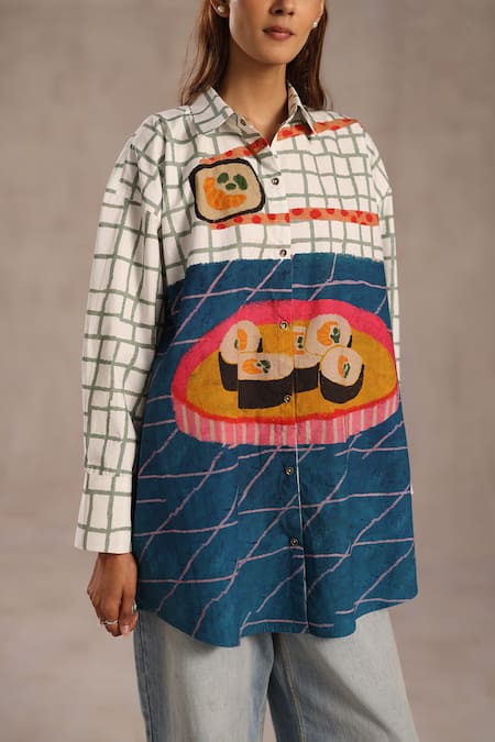 Shop_Roza_Blue Poplin Collared Tempura Print Shirt _Online_at_Aza_Fashions