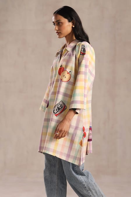 Roza_Multi Color Poplin Collared, Split V-neck Bakehouse Print Tunic _Online_at_Aza_Fashions