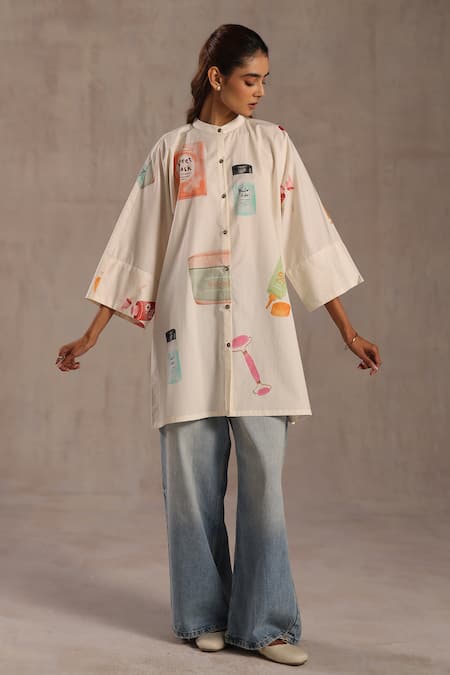 Roza_Ivory Poplin Mandarin Collar Spf Print Tunic _Online_at_Aza_Fashions