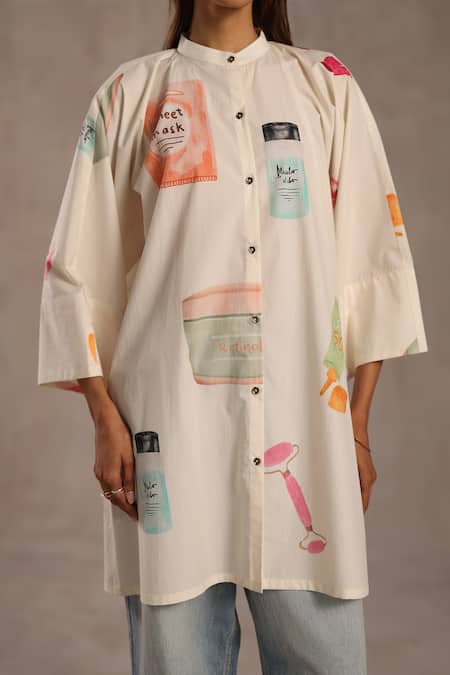 Roza_Ivory Poplin Mandarin Collar Spf Print Tunic _at_Aza_Fashions