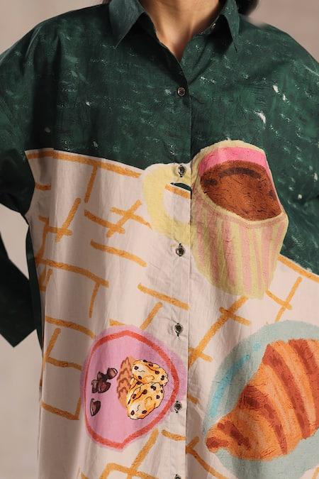 Buy_Roza_Green Poplin Collared Croissant Print Shirt _Online_at_Aza_Fashions