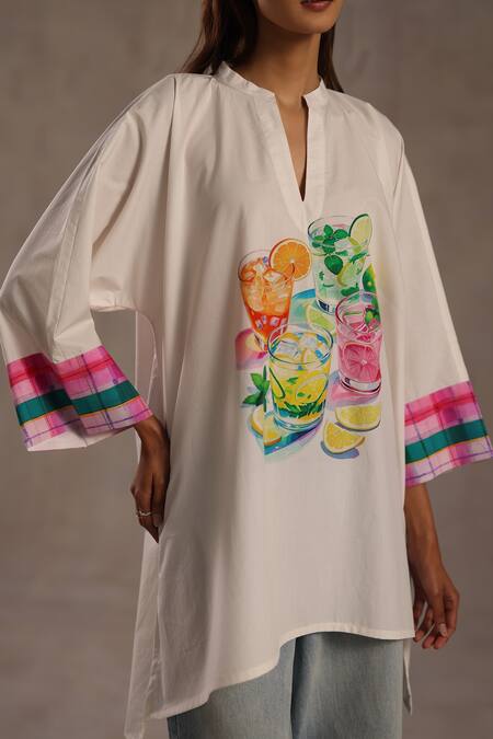Shop_Roza_Multi Color Poplin Mandarin Collar, Split V-neck Happy Hour Print Tunic _Online_at_Aza_Fashions
