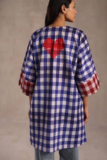 Buy_Roza_Blue Poplin Round Neck Love Checkered Tunic _Online_at_Aza_Fashions