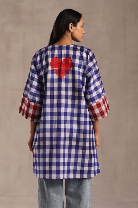 Shop_Roza_Blue Poplin Round Neck Love Checkered Tunic _Online_at_Aza_Fashions