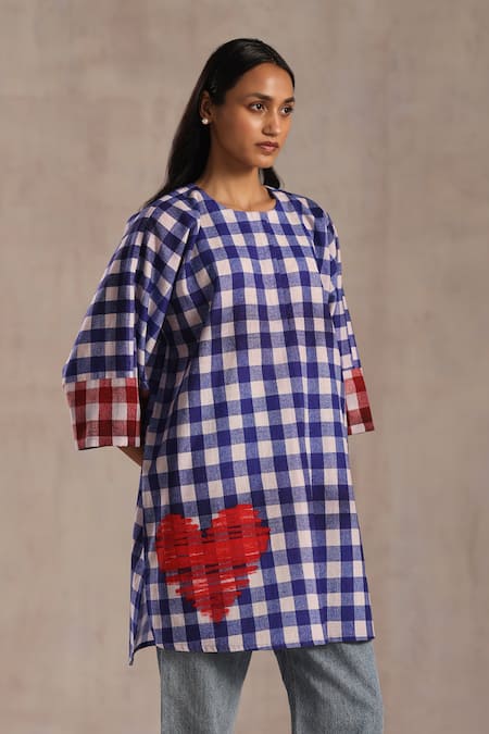 Buy_Roza_Blue Poplin Round Neck Love Checkered Tunic 