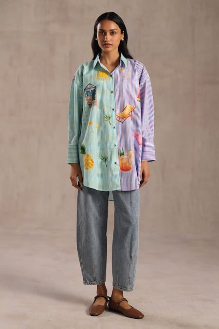 Roza_Multi Color Poplin Collared Jamaica Printed Shirt _at_Aza_Fashions