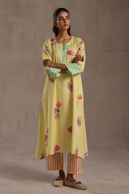 Buy_Roza_Pink Linen Round Neck Madeline Printed Kurta And Pant Set 