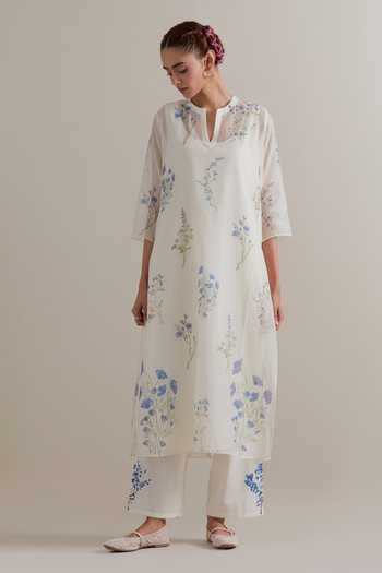 Upavita_Blue Cotton, Chanderi Tassels Split V-neck Kurta And Pant Set _Online_at_Aza_Fashions