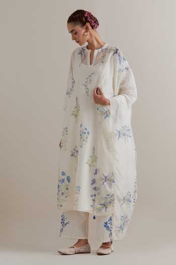 Buy_Upavita_Blue Cotton, Chanderi Tassels Split V-neck Kurta And Pant Set _Online_at_Aza_Fashions