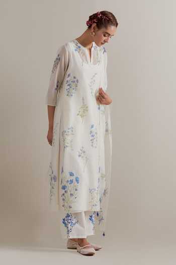 Shop_Upavita_Blue Cotton, Chanderi Tassels Split V-neck Kurta And Pant Set _Online_at_Aza_Fashions