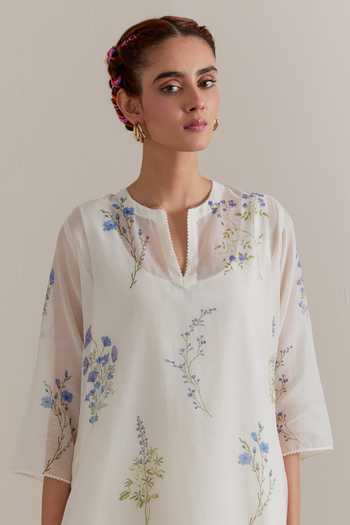 Upavita_Blue Cotton, Chanderi Tassels Split V-neck Kurta And Pant Set _at_Aza_Fashions