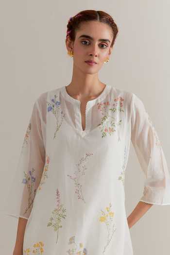 Upavita_Multi Color Cotton, Chanderi Beads, Tassels Hand Block Printed Kurta Pant Set _at_Aza_Fashions