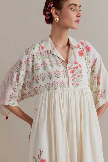 Upavita_Pink Cotton Collared Floral Dress And Slip Set _at_Aza_Fashions