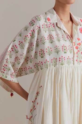 Buy_Upavita_Pink Cotton Collared Floral Dress And Slip Set 