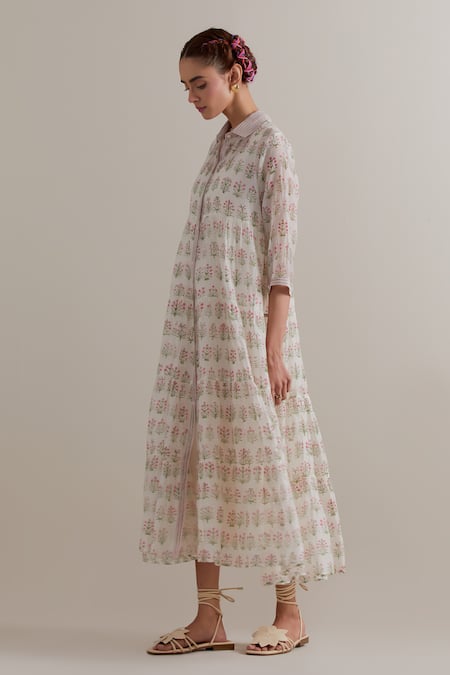 Upavita_Pink Silk, Chanderi, Cotton Collared Printed Kurta Set _Online_at_Aza_Fashions