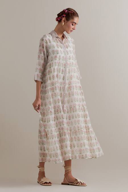 Shop_Upavita_Pink Silk, Chanderi, Cotton Collared Printed Kurta Set _Online_at_Aza_Fashions