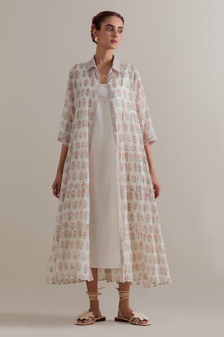 Upavita_Pink Silk, Chanderi, Cotton Collared Printed Kurta Set _at_Aza_Fashions