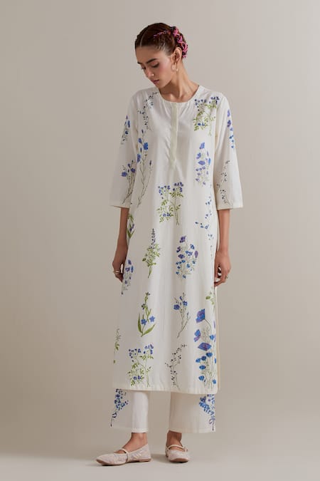 Buy_Upavita_Blue Cotton, Chanderi Tassels Round Neck, Yes Printed Kurta Set _Online_at_Aza_Fashions