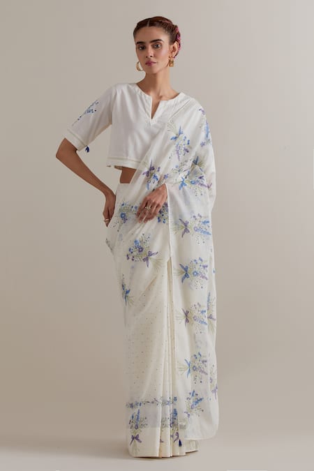 Upavita Floral Printed Chanderi Cotton Saree & Blouse Set 