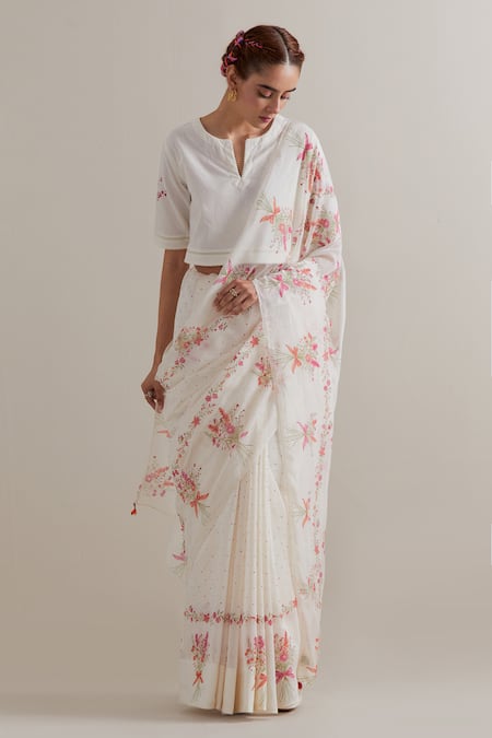 Upavita Floral Printed Chanderi Cotton Saree & Blouse Set 