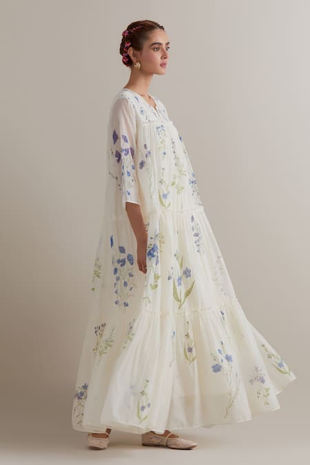 Upavita_Off White Silk, Chanderi, Cotton Embroidery, Beads, Tassels Printed Kurta Set _Online_at_Aza_Fashions