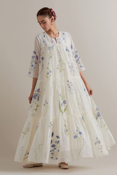 Shop_Upavita_Off White Silk, Chanderi, Cotton Embroidery, Beads, Tassels Printed Kurta Set _Online_at_Aza_Fashions