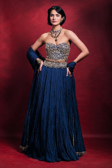 Tamanna Punjabi Kapoor Crushed Lehenga Embroidered Blouse Set 