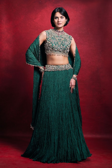 Tamanna Punjabi Kapoor Crushed Lehenga Floral Embroidered Blouse Set 