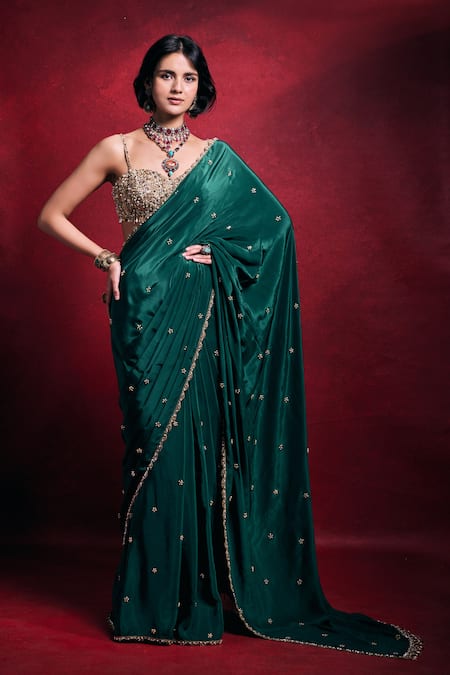 Tamanna Punjabi Kapoor Emerald Green Crepe Saree Set 