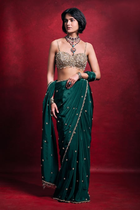 Tamanna Punjabi Kapoor Emerald Green Crepe Saree Set 