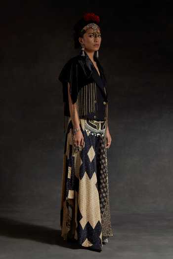 Shop_Aseem Kapoor_Black Crepe, Velvet Tassels, Fringe, Chains Zoa Detailed Cropped Trench Jacket _Online_at_Aza_Fashions