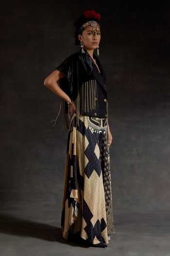 Aseem Kapoor_Black Crepe, Velvet Tassels, Fringe, Chains Zoa Detailed Cropped Trench Jacket _at_Aza_Fashions