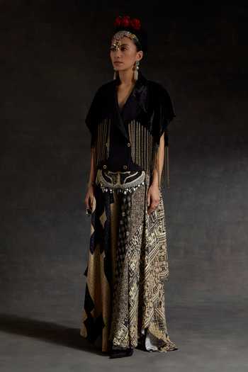 Buy_Aseem Kapoor_Black Crepe, Velvet Tassels, Fringe, Chains Zoa Detailed Cropped Trench Jacket 
