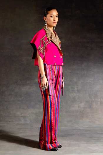 Buy_Aseem Kapoor_Pink Crepe Zari, Tassels Notched Neck Zoa Taselled Cropped Trench Jacket _Online_at_Aza_Fashions