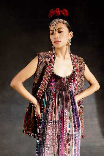 Aseem Kapoor_Multi Color Velvet Beads, Zari, Tassels Ruhi Embroidered Sleeveless Jacket _at_Aza_Fashions