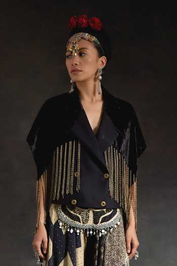 Aseem Kapoor Black Crepe, Velvet Beads, Zoa Taselled Cropped Trench Jacket And Skirt Set Online at Aza Fashions Aseem Kapoor_Black Crepe, Velvet Beads, Zoa Taselled Cropped Trench Jacket And Skirt Set _Online_at_Aza_Fashions