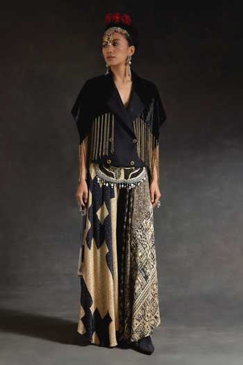 Buy Aseem Kapoor Black Crepe, Velvet Beads, Zoa Taselled Cropped Trench Jacket And Skirt Set Online at Aza Fashions Buy_Aseem Kapoor_Black Crepe, Velvet Beads, Zoa Taselled Cropped Trench Jacket And Skirt Set _Online_at_Aza_Fashions