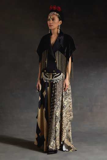 Shop Aseem Kapoor Black Crepe, Velvet Beads, Zoa Taselled Cropped Trench Jacket And Skirt Set Online at Aza Fashions Shop_Aseem Kapoor_Black Crepe, Velvet Beads, Zoa Taselled Cropped Trench Jacket And Skirt Set _Online_at_Aza_Fashions