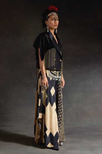 Aseem Kapoor Black Crepe, Velvet Beads, Zoa Taselled Cropped Trench Jacket And Skirt Set at Aza Fashions Aseem Kapoor_Black Crepe, Velvet Beads, Zoa Taselled Cropped Trench Jacket And Skirt Set _at_Aza_Fashions