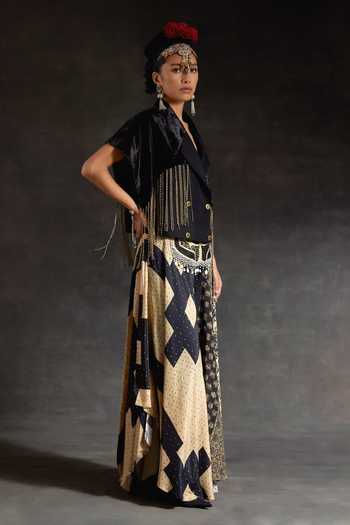 Shop Aseem Kapoor Black Crepe, Velvet Beads, Zoa Taselled Cropped Trench Jacket And Skirt Set Shop_Aseem Kapoor_Black Crepe, Velvet Beads, Zoa Taselled Cropped Trench Jacket And Skirt Set