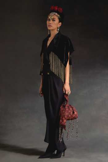 Aseem Kapoor Black Crepe, Velvet Tassels, Zoa Cropped Trench Jacket And Draped Skirt Set Online at Aza Fashions Aseem Kapoor_Black Crepe, Velvet Tassels, Zoa Cropped Trench Jacket And Draped Skirt Set _Online_at_Aza_Fashions