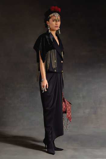 Shop Aseem Kapoor Black Crepe, Velvet Tassels, Zoa Cropped Trench Jacket And Draped Skirt Set Online at Aza Fashions Shop_Aseem Kapoor_Black Crepe, Velvet Tassels, Zoa Cropped Trench Jacket And Draped Skirt Set _Online_at_Aza_Fashions