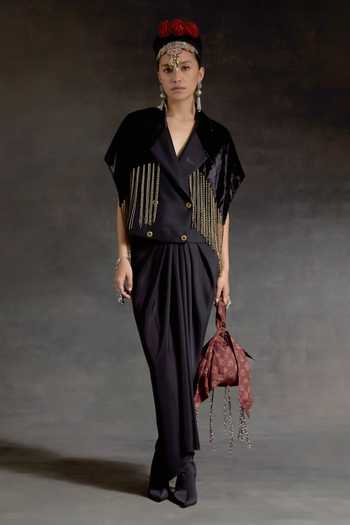 Aseem Kapoor Black Crepe, Velvet Tassels, Zoa Cropped Trench Jacket And Draped Skirt Set at Aza Fashions Aseem Kapoor_Black Crepe, Velvet Tassels, Zoa Cropped Trench Jacket And Draped Skirt Set _at_Aza_Fashions